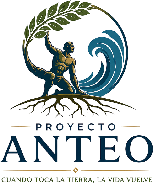 Proyecto Anteo logo: a kneeling figure rooted in the earth, holding a branch, with a wave behind him